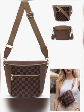 Checker-Panel Brown Crossbody Bag with Front Zip Pocket
